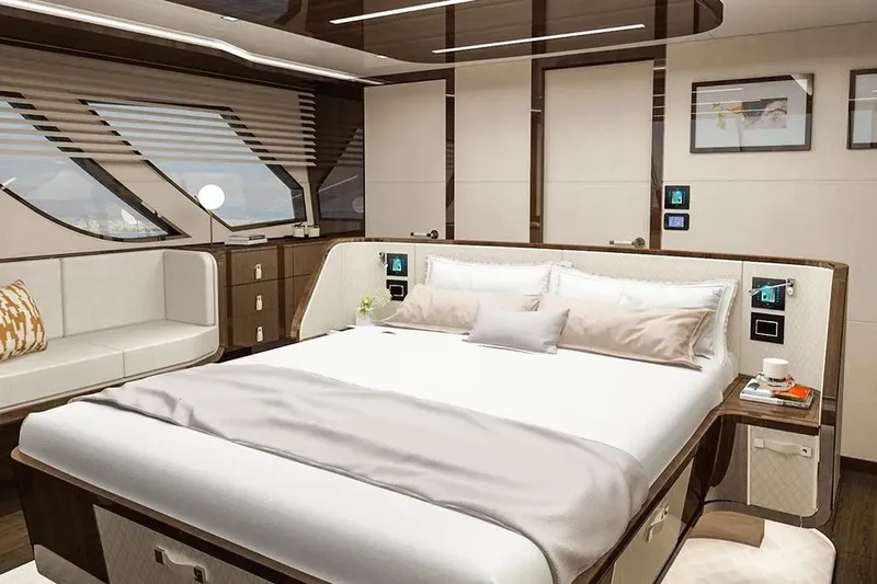 Slide: The Image of Luxurious bedroom interior of 2023 Lazzara LSX 67 yacht with modern design and elegant furnishings. - 23