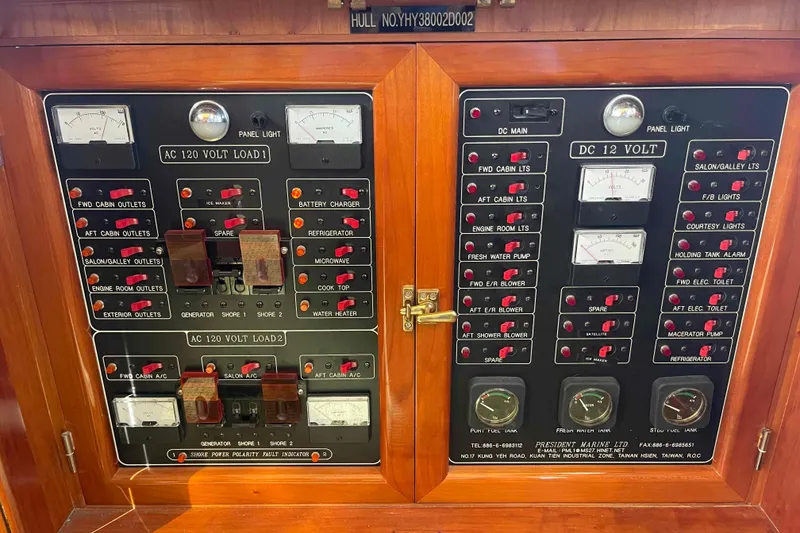 Slide: The Image of Electrical control panel on a 2002 President Trawler boat, featuring AC and DC voltage systems. - 42