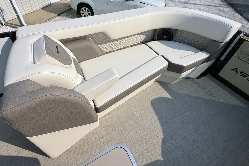 Slide: The Image of Luxurious seating on 2027 Alera M25L boat, featuring elegant upholstery and modern design. - 14