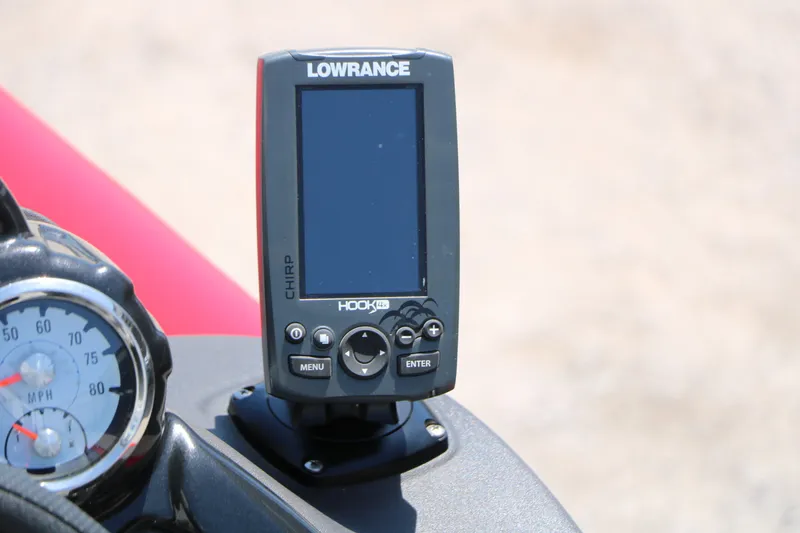 Slide: The Image of Lowrance Hook 4x fish finder on 2018 Tracker Pro Team 175 TXW boat dashboard. - 34