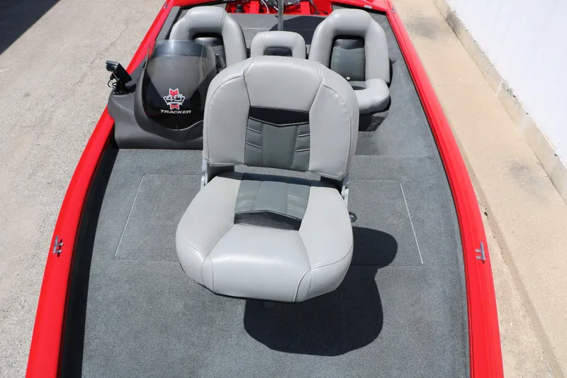 Slide: The Image of 2018 Tracker Pro Team 175 TXW boat with gray seating and red trim. - 24
