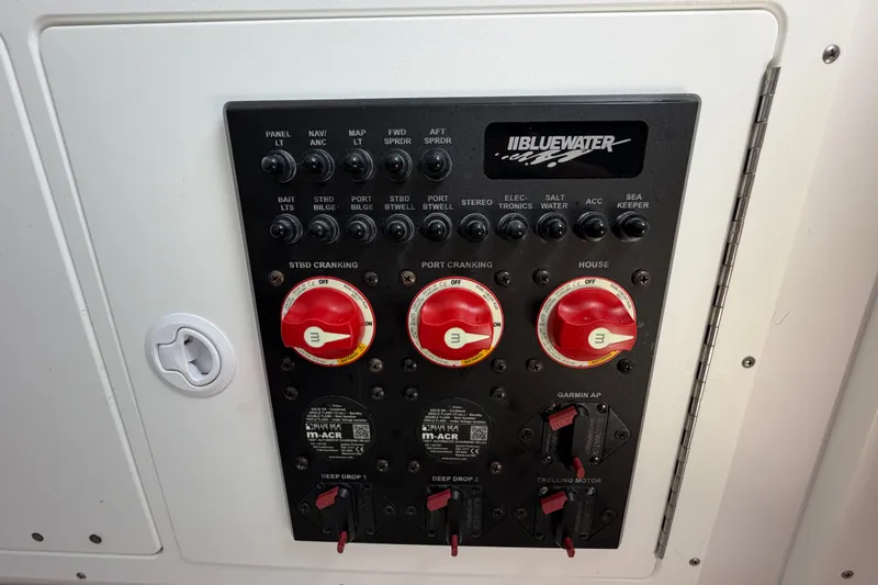 Slide: The Image of Control panel of 2024 Bluewater BW 25T boat with switches and dials. - 56