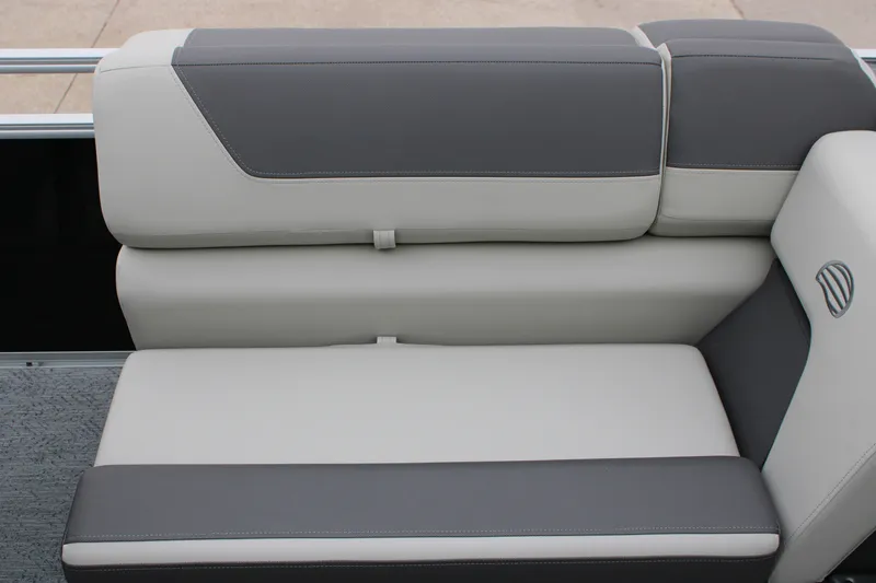 Slide: The Image of 2027 Sun Tracker Fishin' Barge 20 DLX boat seat, gray and white upholstery. - 31