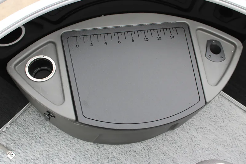 Slide: The Image of Sun Tracker Fishin' Barge 20 DLX 2027 fishing station with ruler and cup holder. - 23