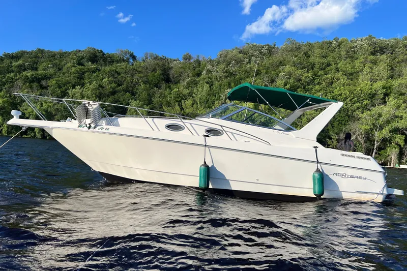 The Image of 1999 Monterey 296 Cruiser boat on water, green canopy, lush forest background. - 0