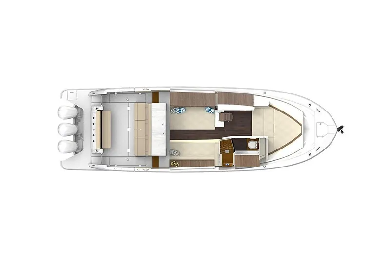 Slide: The Image of Manufacturer Provided Image: Top view of 2026 Regal 38 SAV boat layout with triple engines. - 17