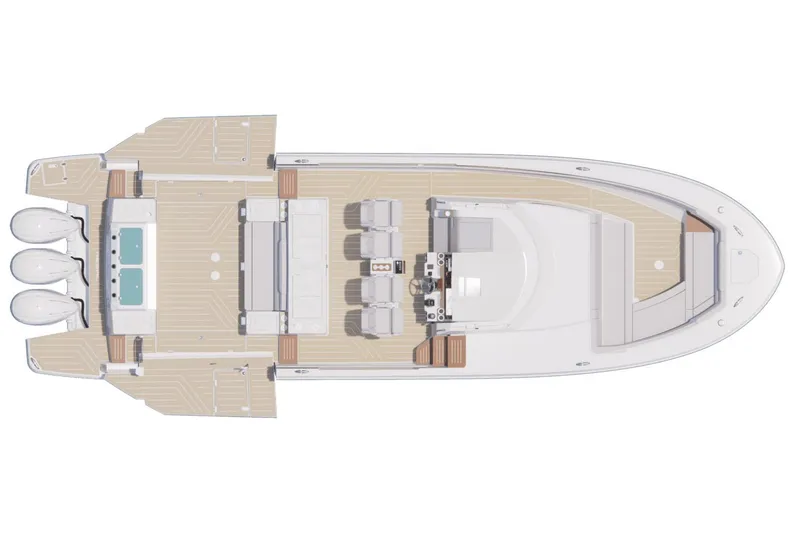 Slide: The Image of Manufacturer Provided Image: Top view of 2026 Regal 43 SAV boat layout with triple engines. - 16