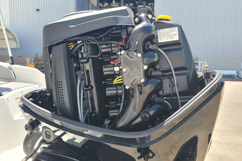 Slide: The Image of 2022 Bayliner Element M17 outboard motor close-up, showcasing engine details and components. - 16