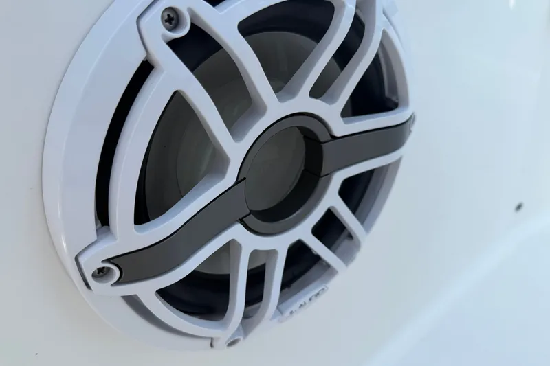Slide: The Image of Close-up of a speaker on a 2021 Everglades 335 Center Console boat. - 30