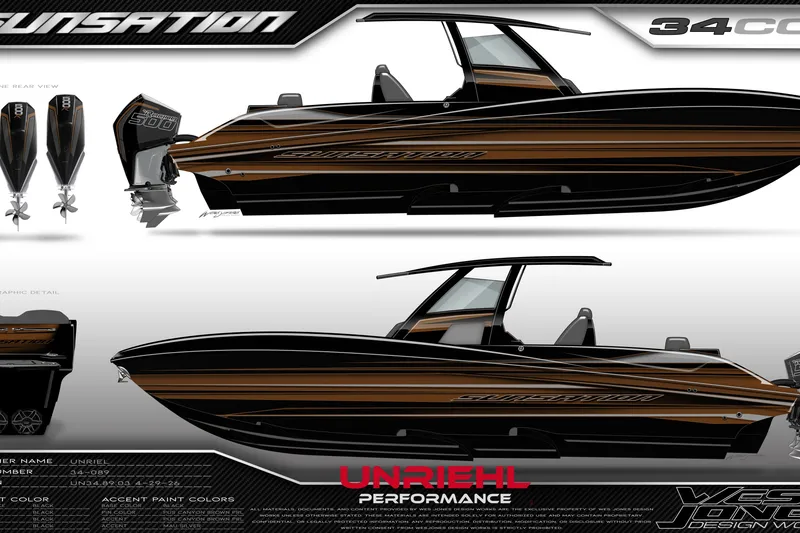 The Image of 2027 Sunsation 34 CCX boat design with sleek black and brown accents. - 1
