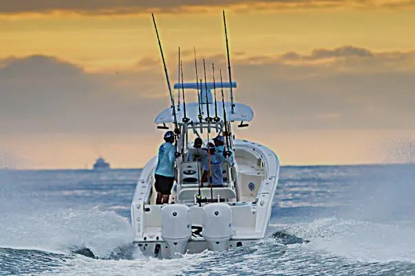 Slide: The Image of Manufacturer Provided Image: 2020 Cobia 301 Center Console boat cruising at sunset with fishing rods. - 2