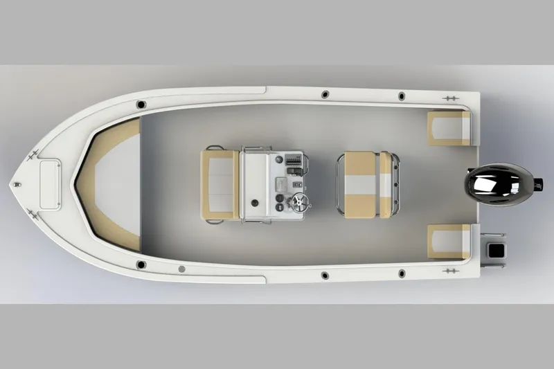 Slide: The Image of Overhead view of a 2021 Parker 1801 Center Console boat with helm console and outboard motor. - 25