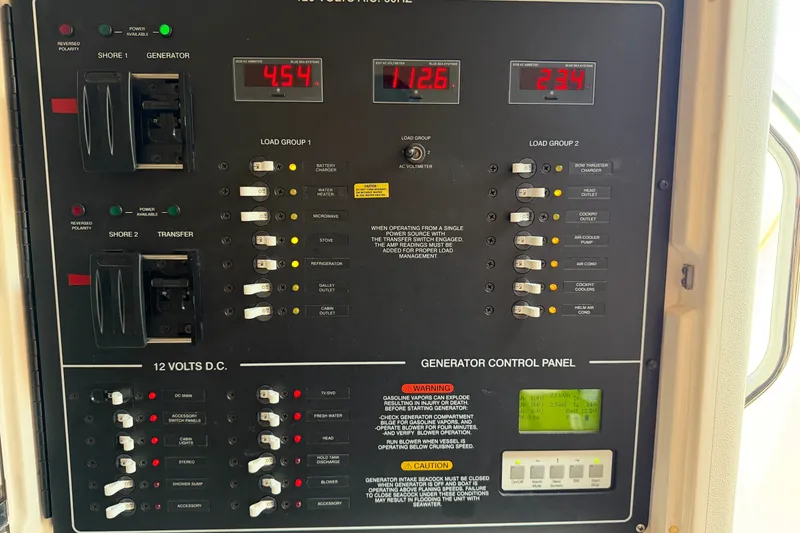 Slide: The Image of Electrical control panel on a 2009 Grady-White Express 360 boat, showing various switches and indicators. - 20