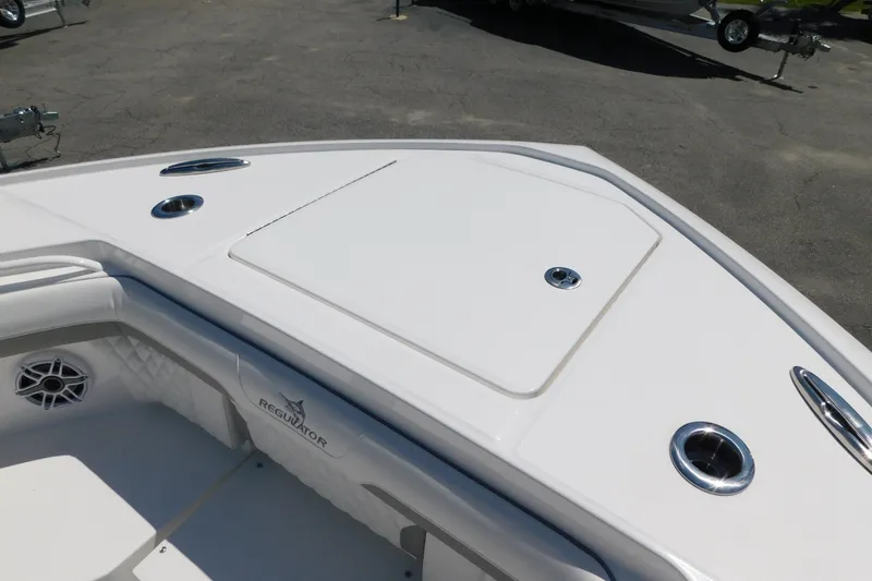 Slide: The Image of Bow of 2027 Regulator 35 boat with storage hatch and speaker. - 65