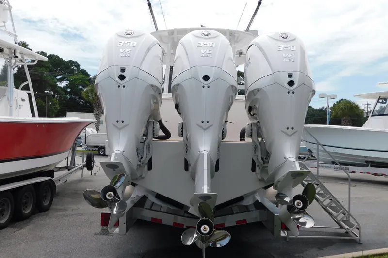 Slide: The Image of Triple Yamaha 350 V6 outboard engines on a 2027 Regulator 35 boat. - 64