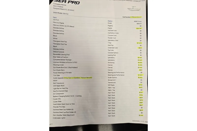 Slide: The Image of 2025 Sea Pro 225FLX Sandbar boat specifications and pricing details sheet. - 25