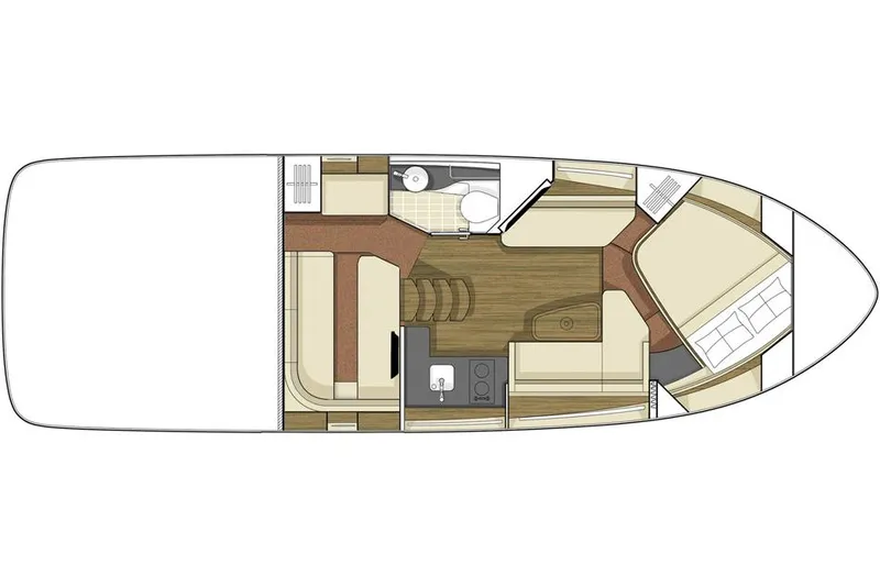 Slide: The Image of Manufacturer Provided Image: 2015 Sea Ray 350 Sundancer boat layout with cabin, kitchen, and bathroom. - 37