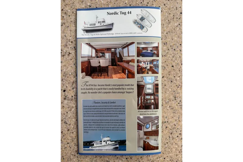 Slide: The Image of Brochure showcasing the 2016 Nordic Tug 44 yacht, highlighting interior and exterior features. - 117