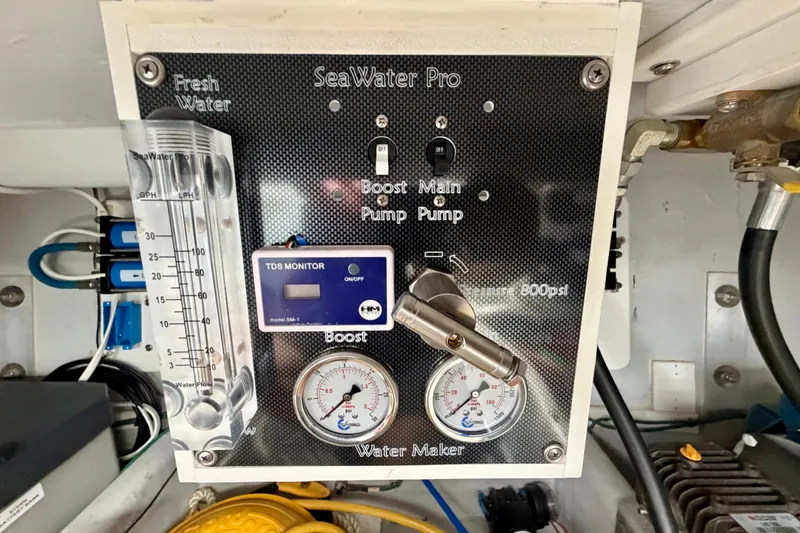 Slide: The Image of SeaWater Pro system in 2016 Nordic Tug 44, featuring gauges and controls for water management. - 109