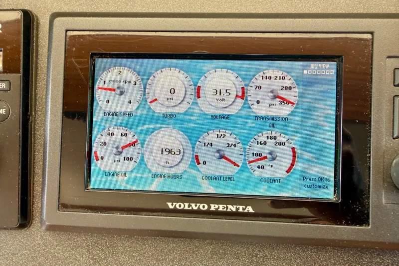 Slide: The Image of Volvo Penta engine display on 2016 Nordic Tug 44, showing gauges and readings. - 85