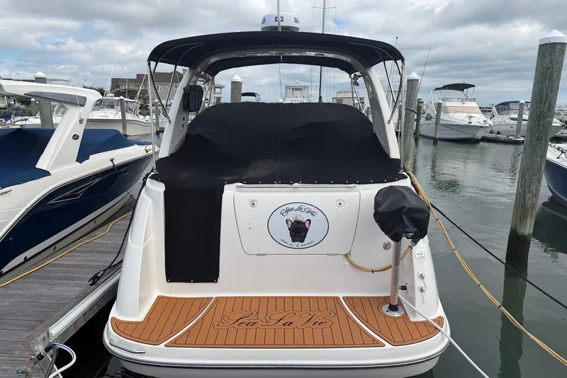 Slide: The Image of 2008 Bayliner 300 boat docked at marina, featuring custom nameplate and covered seating area. - 1