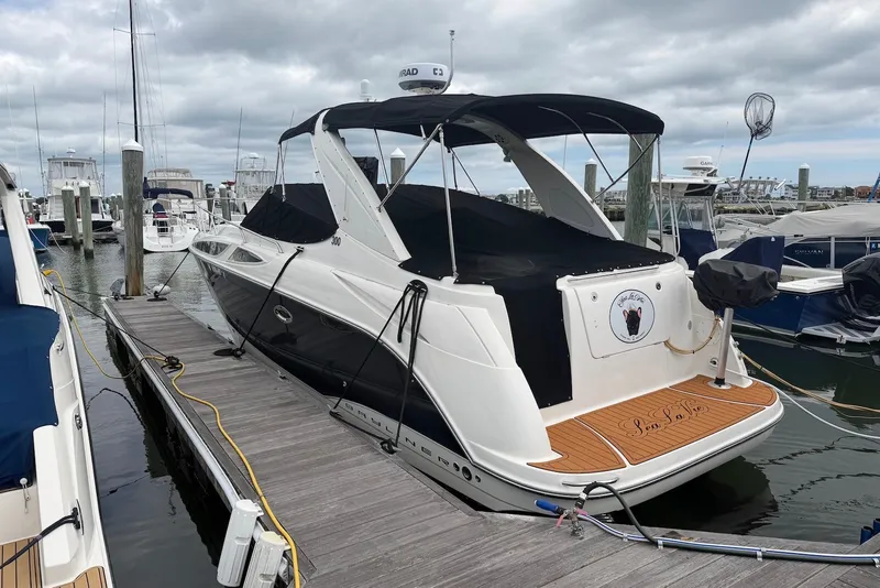 The Image of 2008 Bayliner 300 boat docked at marina under cloudy skies. - 0
