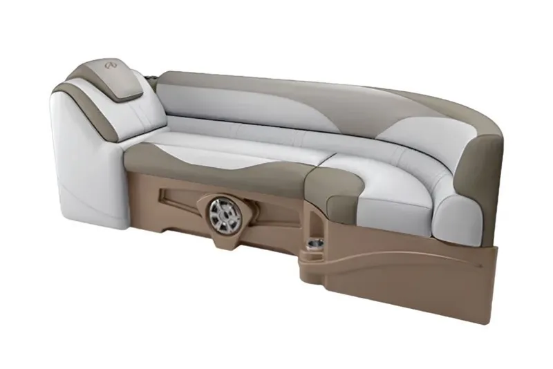 Slide: The Image of 2027 Tahoe Pontoon LTZ Cruise Rear Bench, beige and white seating with integrated speaker. - 6