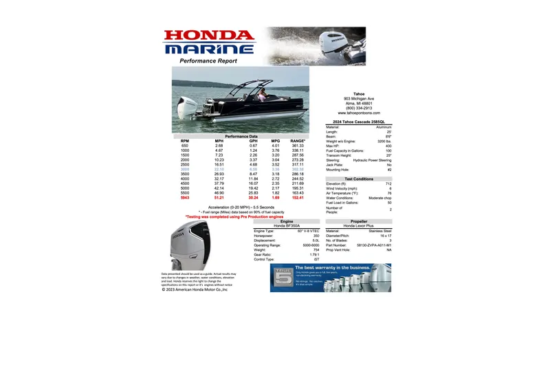 Slide: The Image of 2027 Tahoe Pontoon LTZ Cruise Rear Bench performance report with Honda Marine engine details. - 8