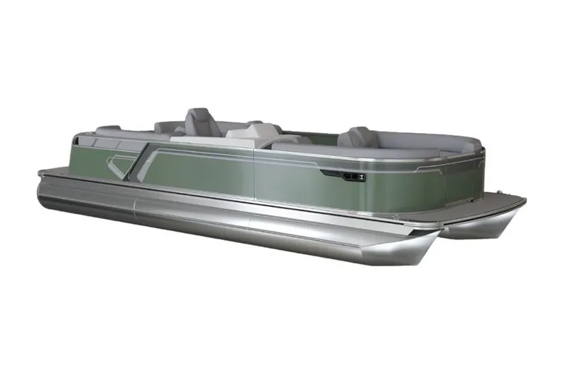 Slide: The Image of A modern pontoon boat with gray and green accents, featuring comfortable bench seating. - 7