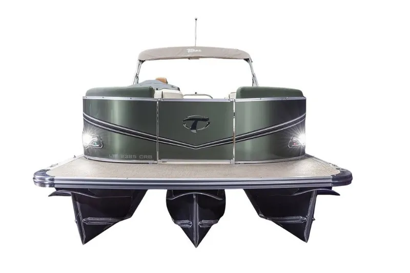 Slide: The Image of A modern pontoon boat with a green hull and beige sunshade, ideal for leisure cruising. - 3