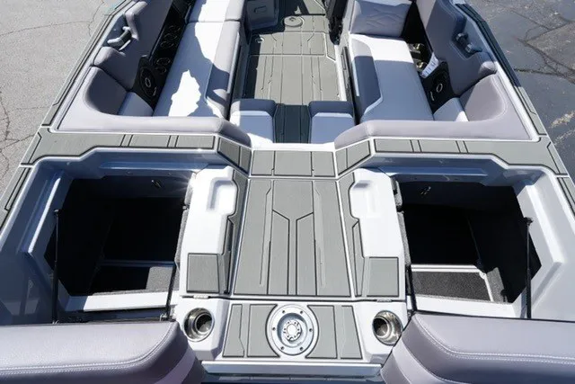 Slide: The Image of 2027 Supra SL boat interior with sleek seating and modern design elements. - 20
