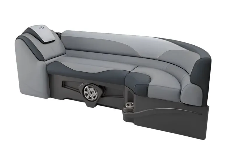 Slide: The Image of The image shows a sleek gray and black boat bench seat with integrated speaker and cup holder. - 5