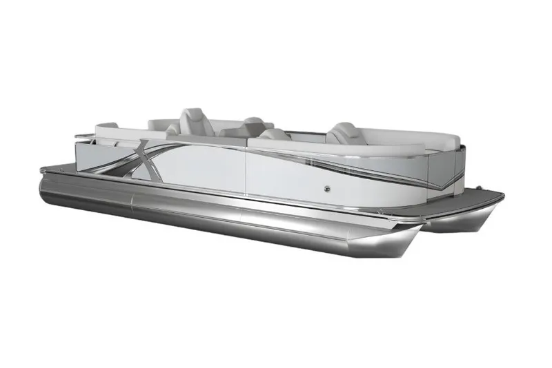 Slide: The Image of A sleek pontoon boat with silver accents and comfortable seating. - 4
