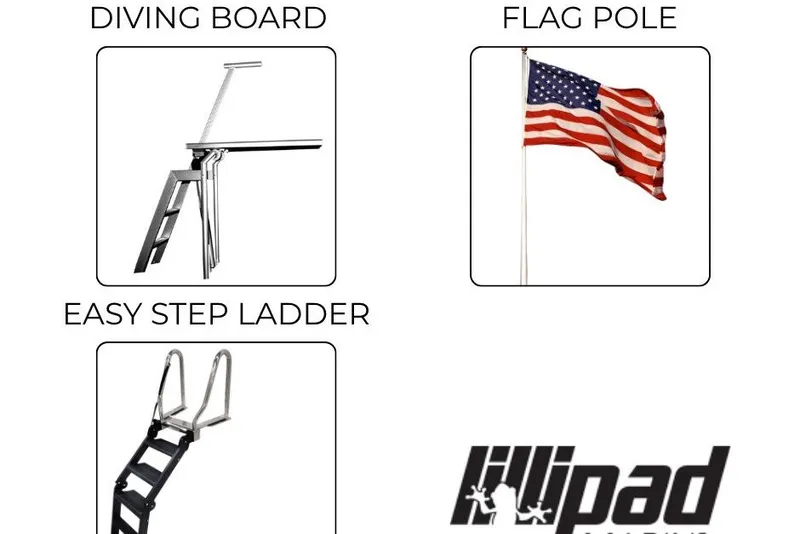 Slide: The Image of The image shows boat accessories, including a diving board, flag pole, and ladder. - 1