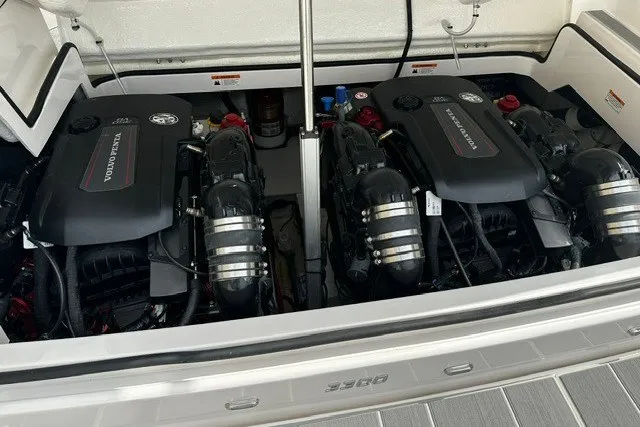 Slide: The Image of Twin Volvo Penta engines in a 2027 Regal 3300 boat engine compartment. - 38