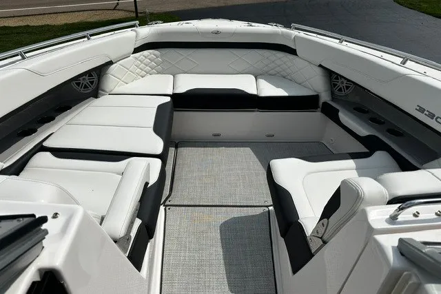 Slide: The Image of Luxurious 2027 Regal 3300 boat interior with white seating and modern design. - 27