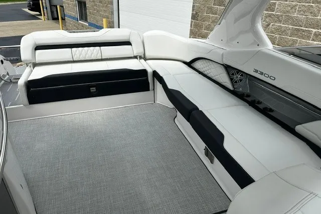 Slide: The Image of Luxurious interior of 2027 Regal 3300 boat with elegant white seating. - 17