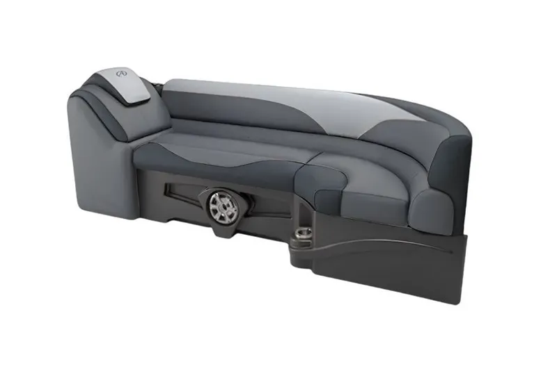 Slide: The Image of Sleek gray bench seat with curved design and built-in speaker. - 7