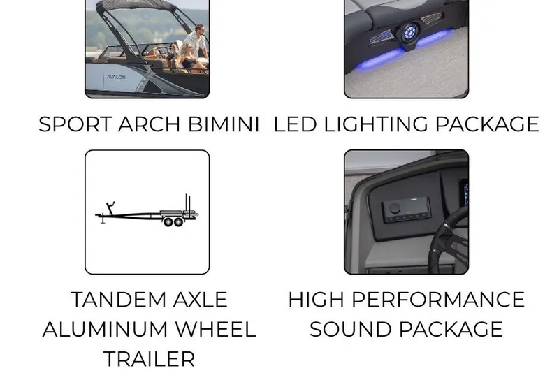 Slide: The Image of The image shows four features of the Avalon LSZ Versatile Rear Bench - 25': sport arch bimini, LED lighting package, tandem axle aluminum wheel trailer, and high performance sound package. - 2