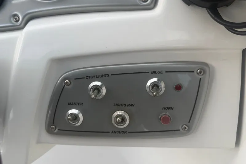 Slide: The Image of Control panel of a 2019 Tahoe 550 TS boat with switches and labels. - 29
