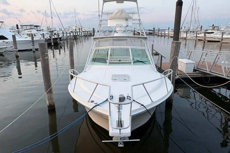 Slide: The Image of 2002 Cabo 31 Express boat docked at marina during sunset. - 3