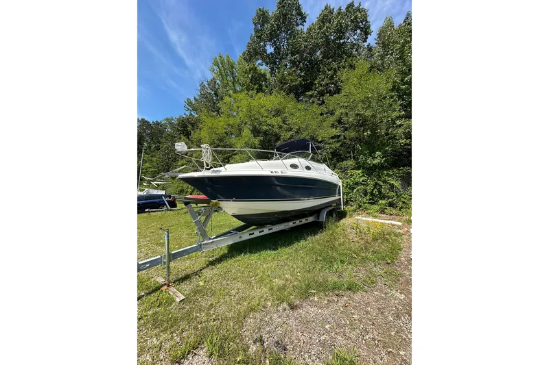 The Image of 2006 Larson Cabrio 240 boat on trailer, parked on grassy area with trees in background. - 1