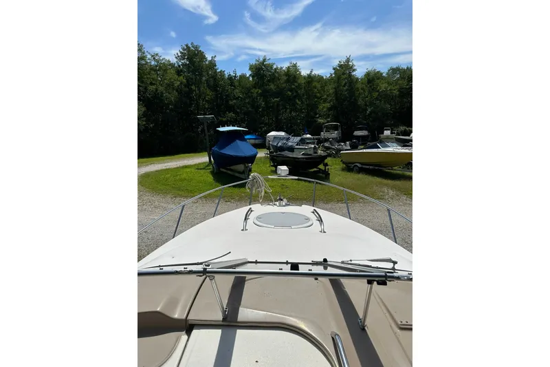 Slide: The Image of 2006 Larson Cabrio 240 boat docked outdoors, surrounded by trees and other boats. - 19