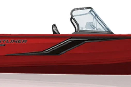 Slide: The Image of 2027 Crestliner 1750 Hawk WT boat, red exterior, sleek design, partial windshield view. - 2