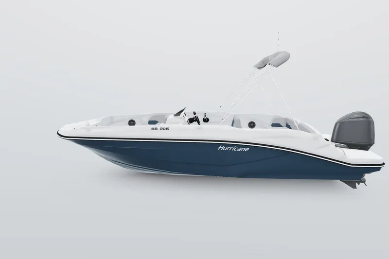 Slide: The Image of 2027 Hurricane SunDeck Sport 205 OB boat, sleek design, blue and white color scheme. - 1