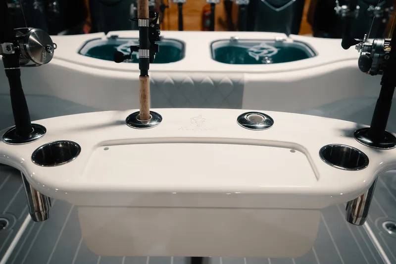 Slide: The Image of Fishing rod holders on a 2023 Freeman 42LR boat, featuring sleek design and functionality. - 45