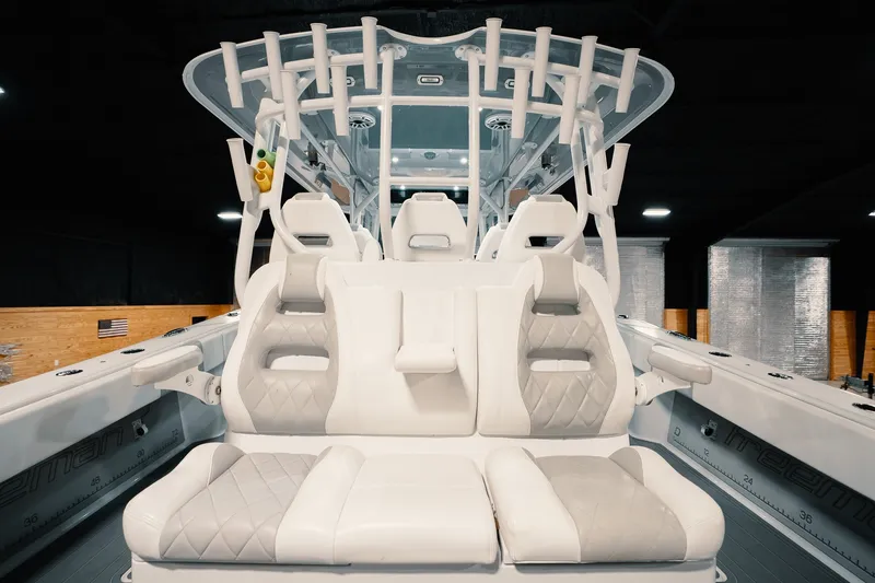 Slide: The Image of Luxurious interior of 2023 Freeman 42LR boat with plush seating and modern design. - 52