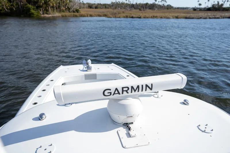 Slide: The Image of Freeman 42LR boat with Garmin radar on calm water, 2023 model. - 20