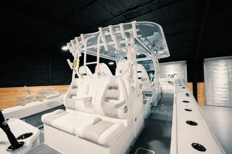 Slide: The Image of 2023 Freeman 42LR boat interior with luxurious seating and modern design. - 53