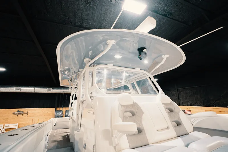 Slide: The Image of 2023 Freeman 42LR boat interior with modern design and spacious seating. - 82